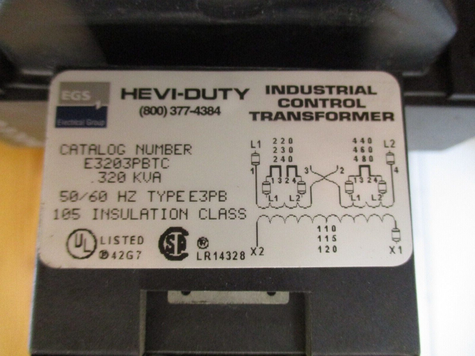 Hevi-Duty Control Transformer E3203PBTC 0.320kVA Pri: 240/480V Sec: 120V 50/60Hz