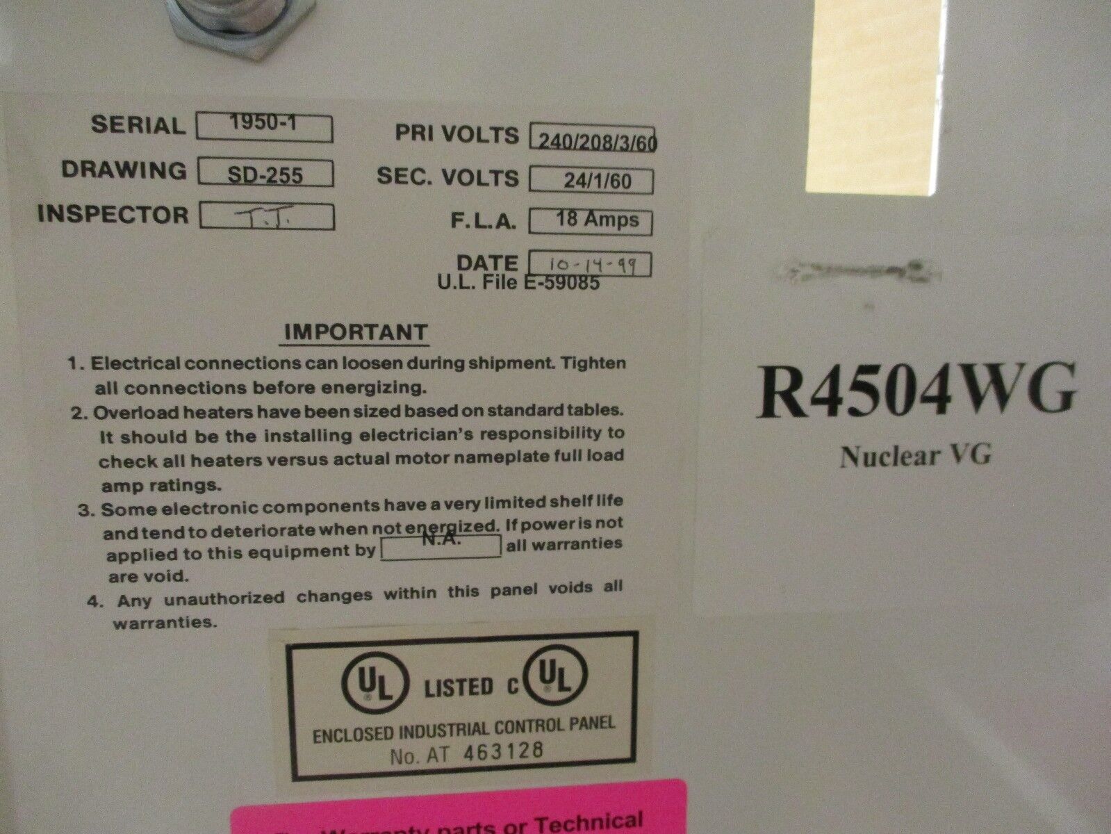 GE Breaker Disconnect Panel R4504WG 25A 208V 65KAIC New Surplus