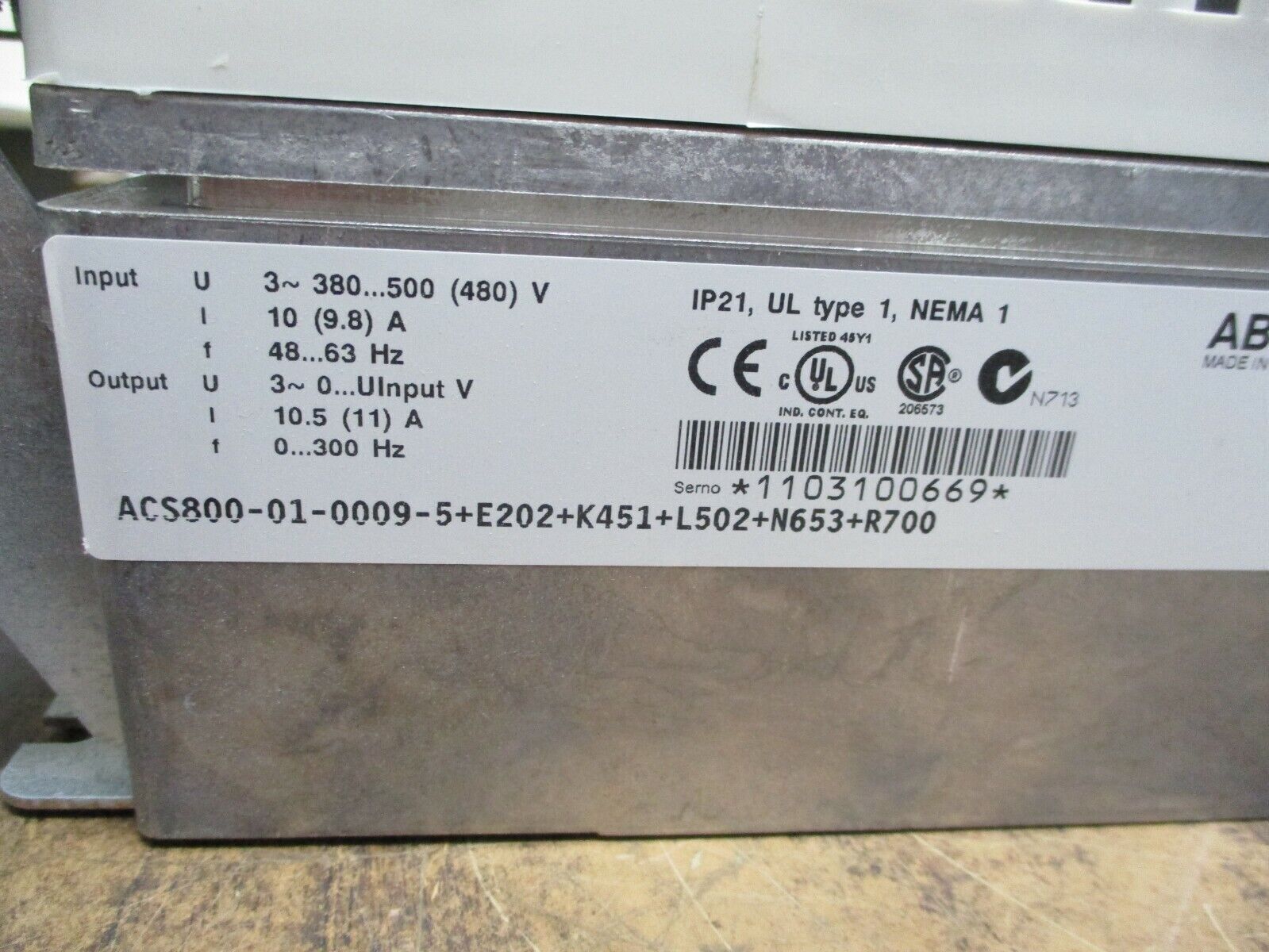 ABB ACS800 AC Drive ACS800-01-0009-5+E202+K451+L502+N653+R700 7.5HP 3Ph Used