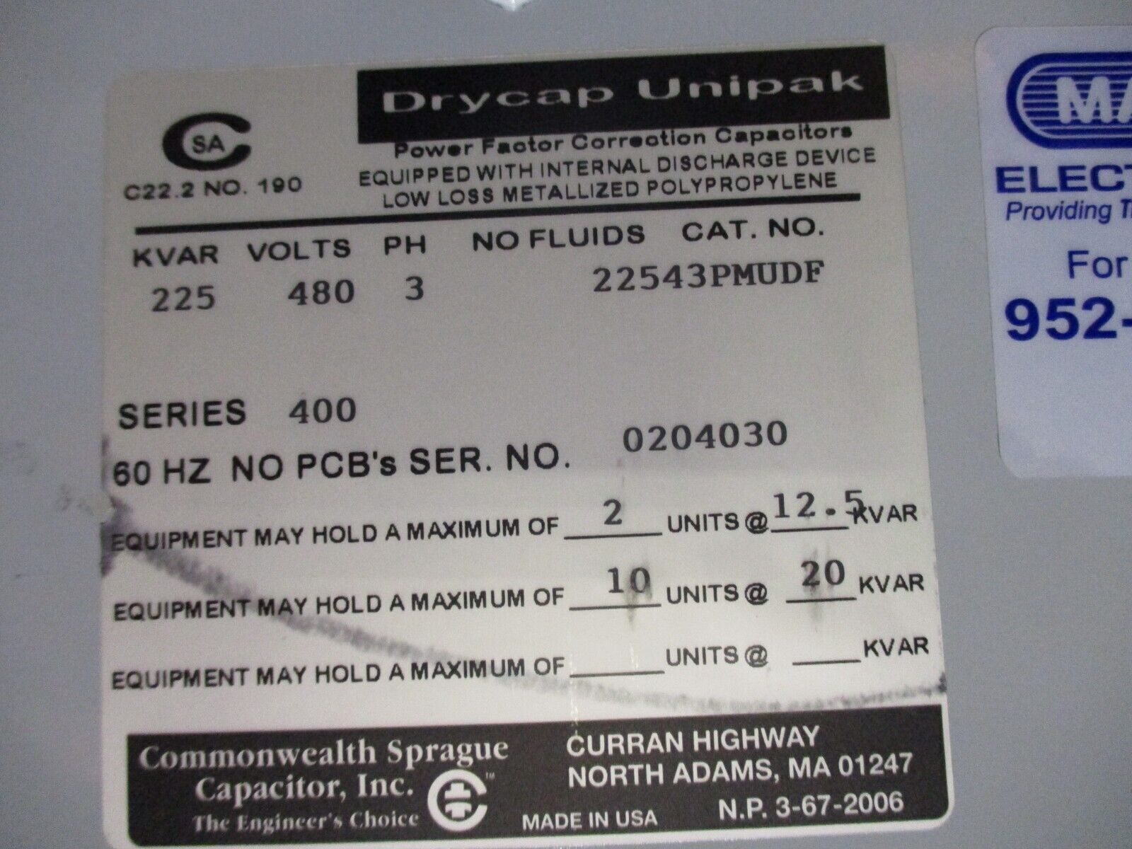 Commonwealth Sprague Drycap Unipak Capacitor 22543PMUDF 225kVAR 480V 3Ph Used
