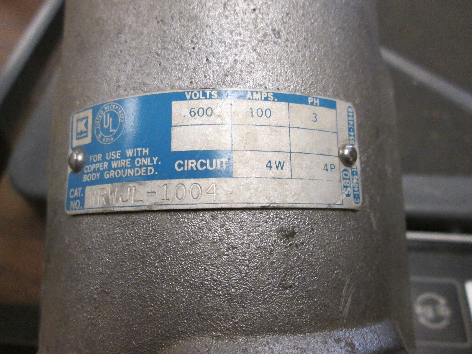 Killark Receptacle w/ Base WRWJL-1004 100A 600V 4W 4P 3Ph Used