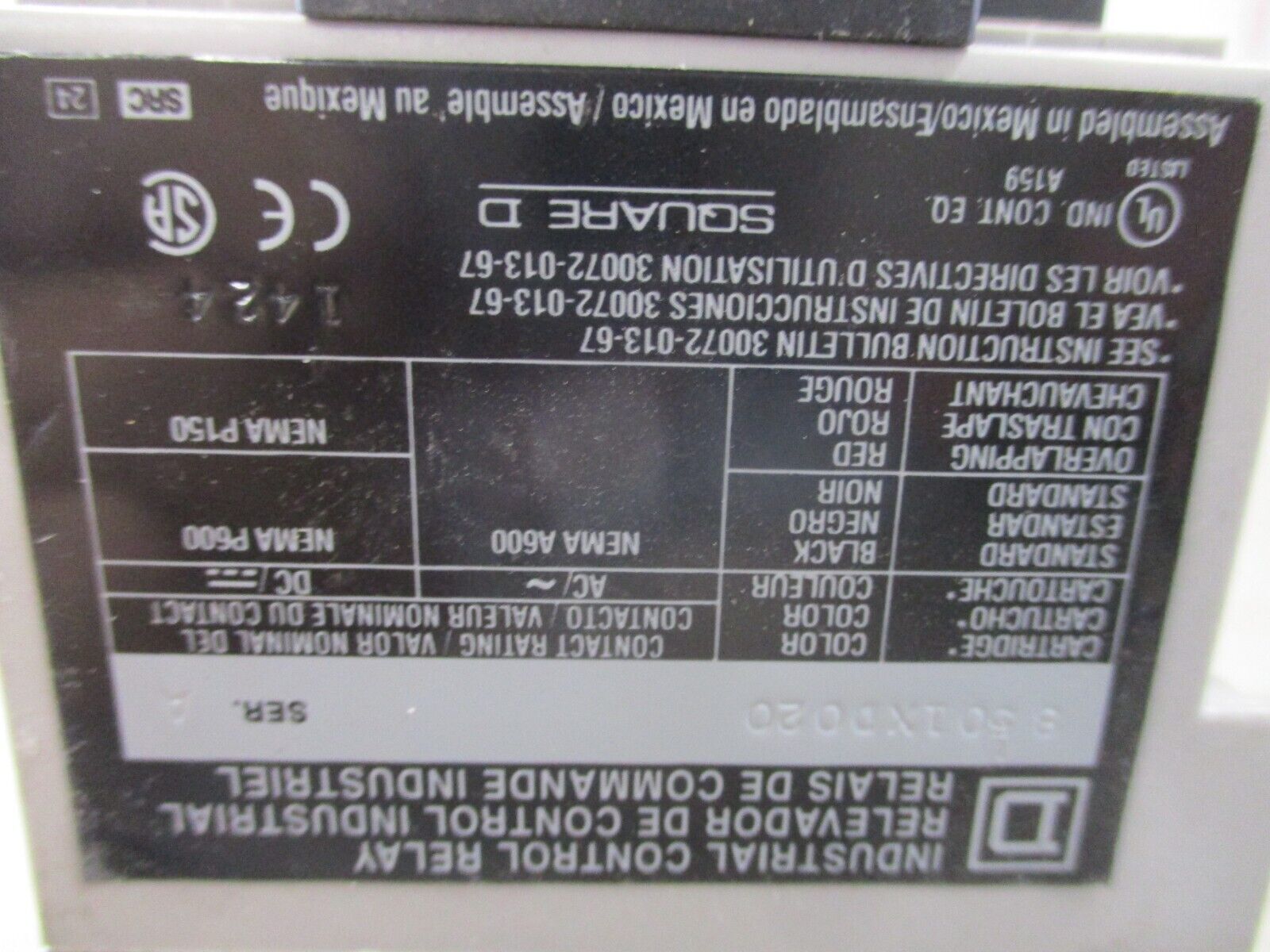 Square D Type x Relay 8501XD020 Ser.A 115/125VDC Coil 8 P Used