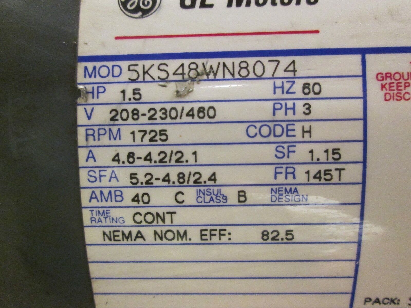 GE Motor 5KS48WN8074 1.5HP 1725RPM 145T Frame 208-230/460V 4.6-4.2/2.1A Used