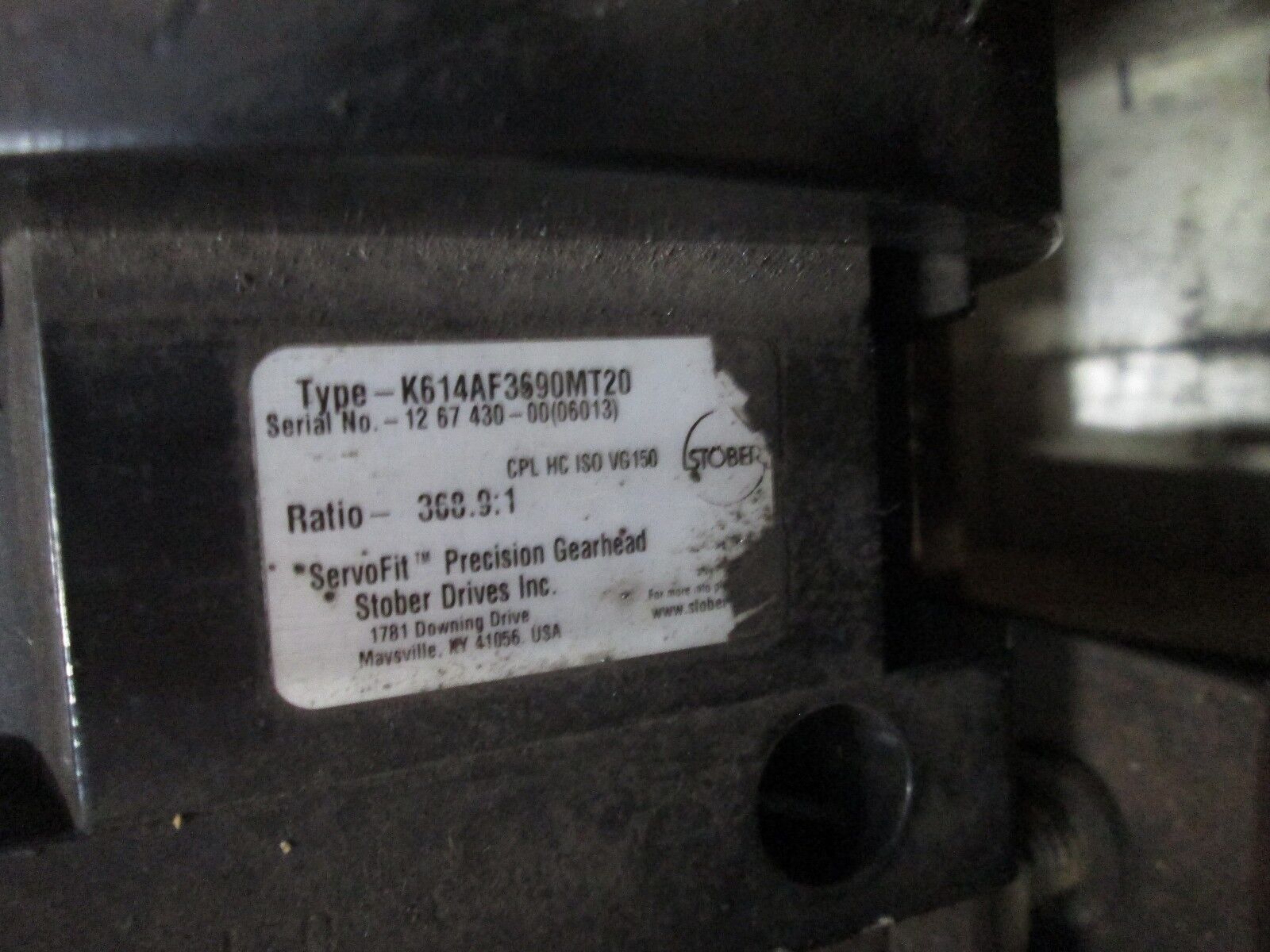 Stober K Series Gearhead K614AF3690MT20 Ratio 369:1 4000RPM Input Used