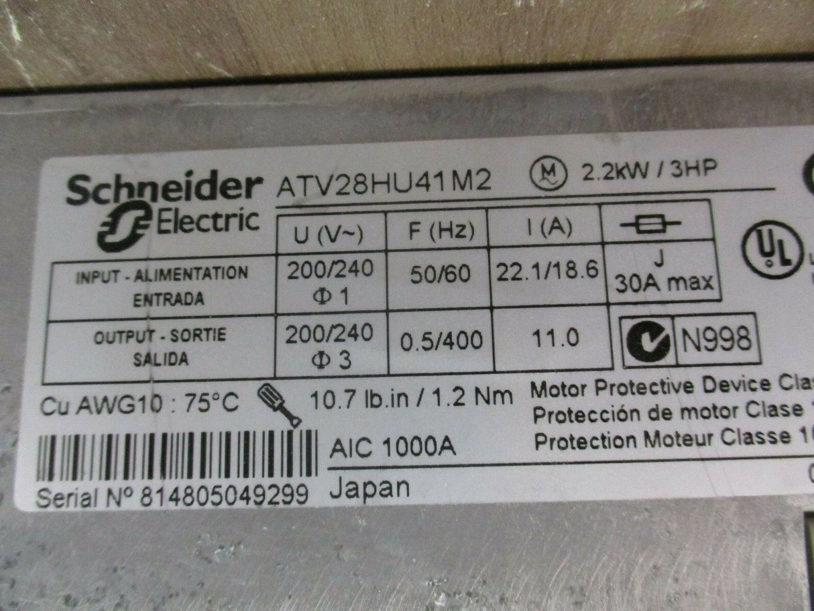 Schneider Electric Altivar 28 AC Drive ATV28HU41M2U 3HP Used
