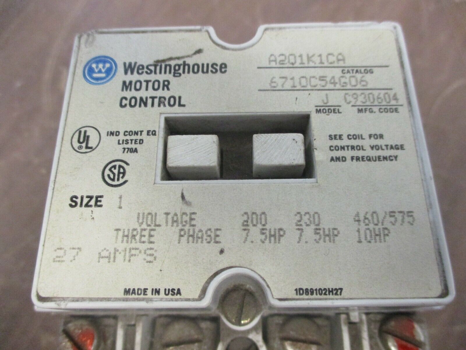 Westinghouse Size 1 Contactor A201K1CA 120V Coil 27A Used Cracked Insulator/Side