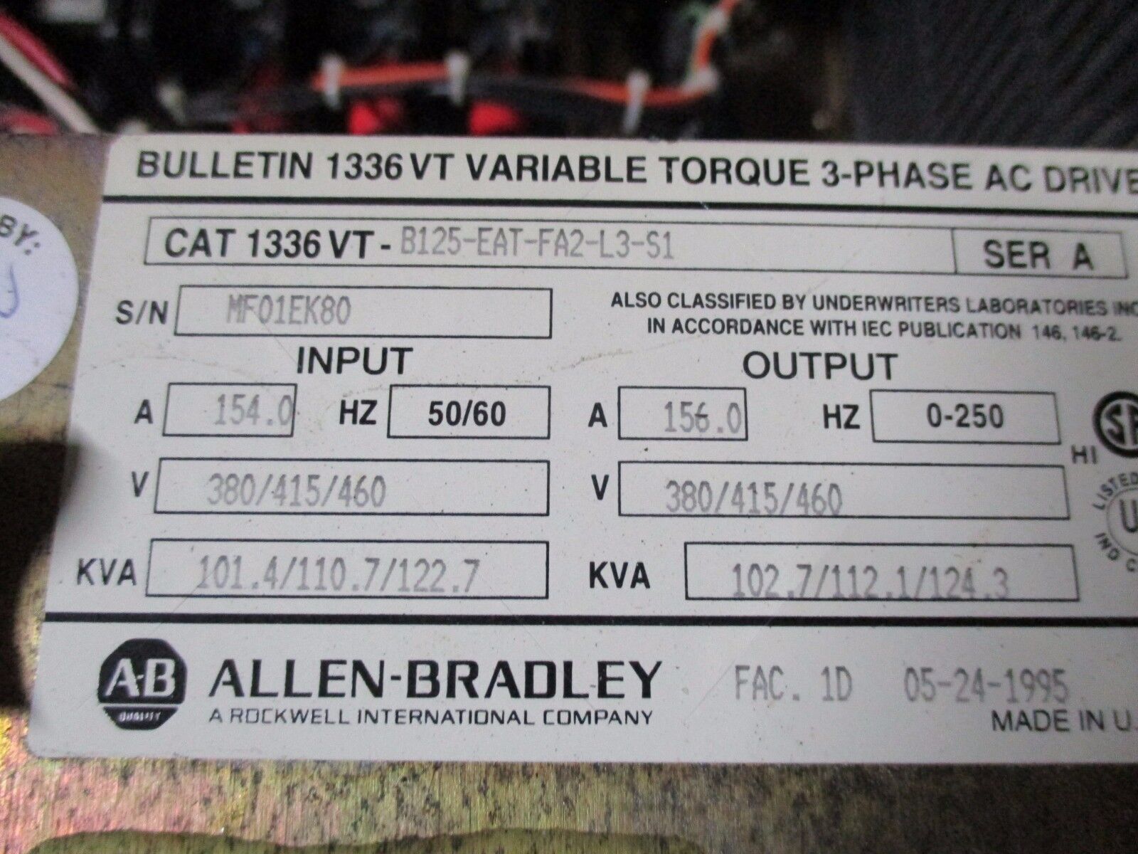 Allen-Bradley 1336VT AC Drive 1336VT-B125-EAT-FA2-L3-S1 125HP Used