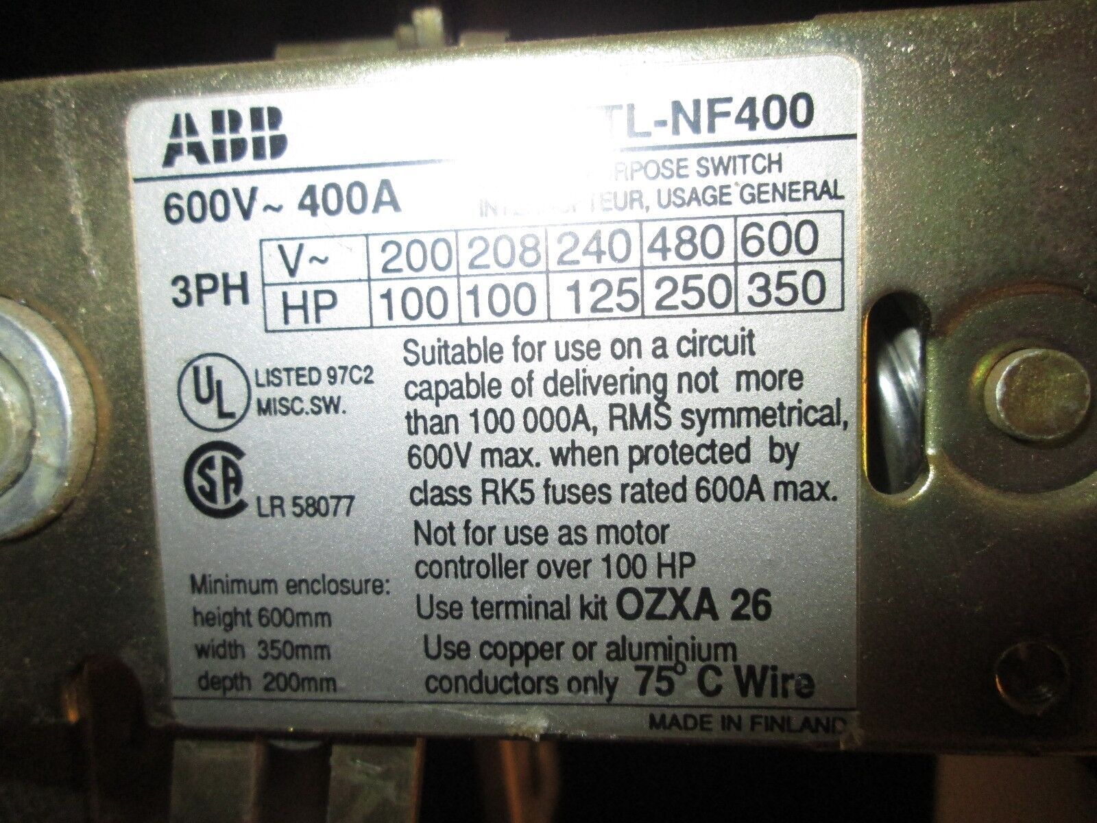 ABB Disconnect Switch OETL-400 400A 600V 3P Used