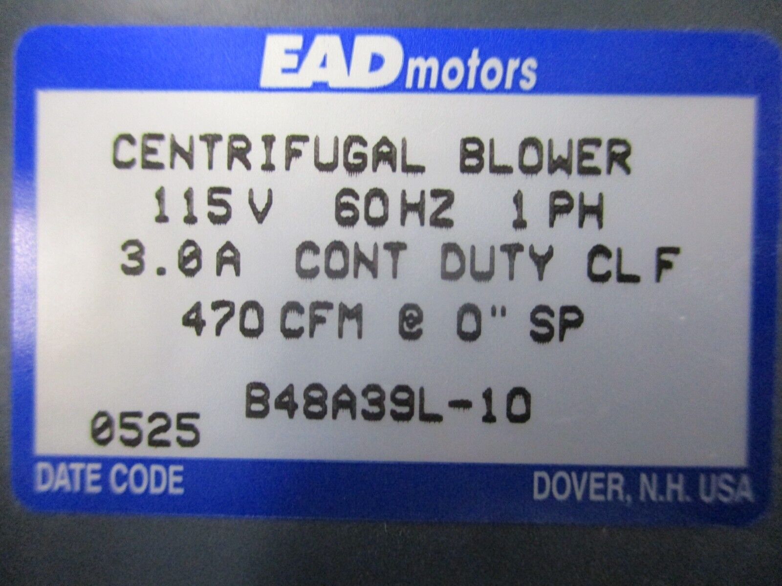 EAD Motors Centrifugal Blower B48A39L-10 115V 60HZ 1PH Used.