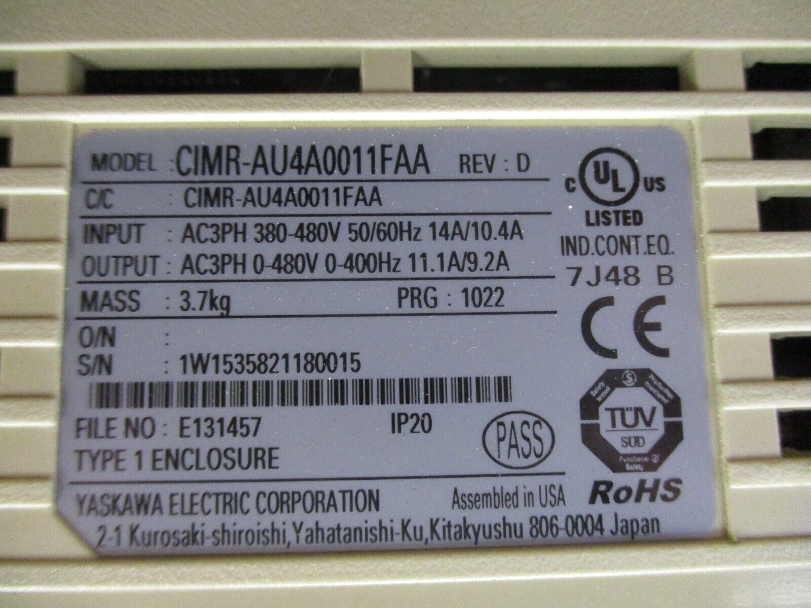 Yaskawa A1000 AC Drive CIMR-AU4A0011FAA Rev. D 7.5HP 3Ph w/ Keypad Used