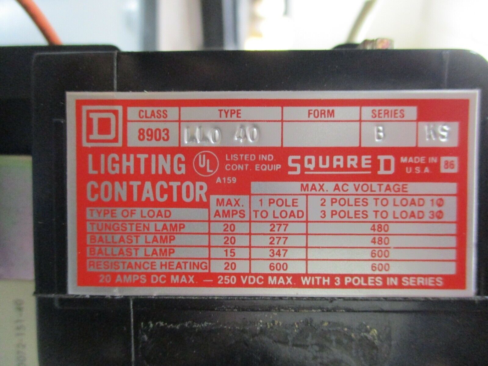 Square D Enclosed Lighting Contactor 8903 LL0 40 120V Coil 20A 600V Used