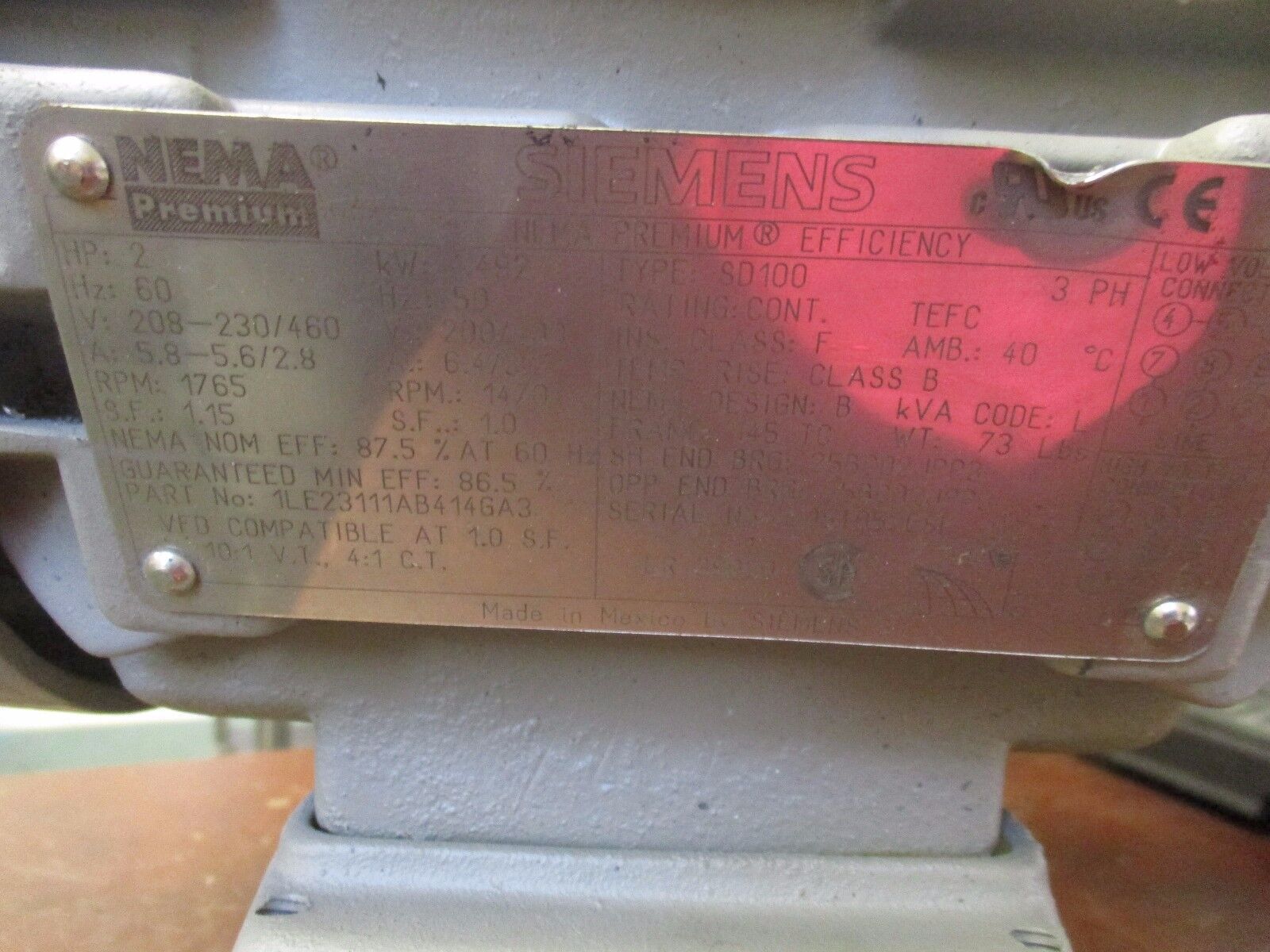 Siemens A-C Motor 1LE23111AB414GA3 2HP 1765RPM 208-230/460V 5.8-5.6/2.8A Used