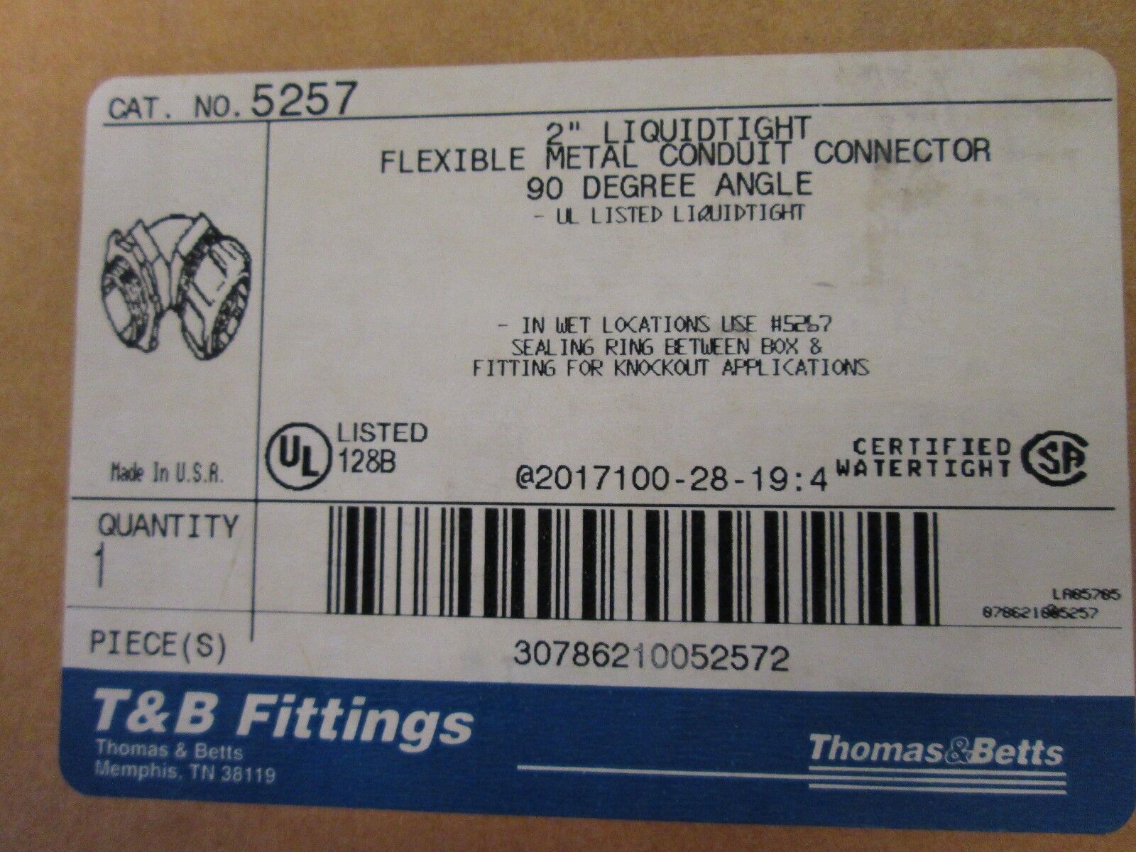 Thomas & Betts Liquidtight 90 Degree Connector 5257 Size 2" New Surplus