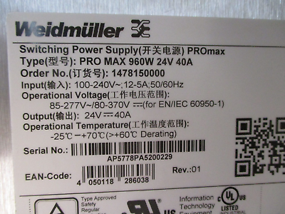 Weidmuller ConnectPower PROmax Power Supply 1478150000 960W Output: 24V 40A Used