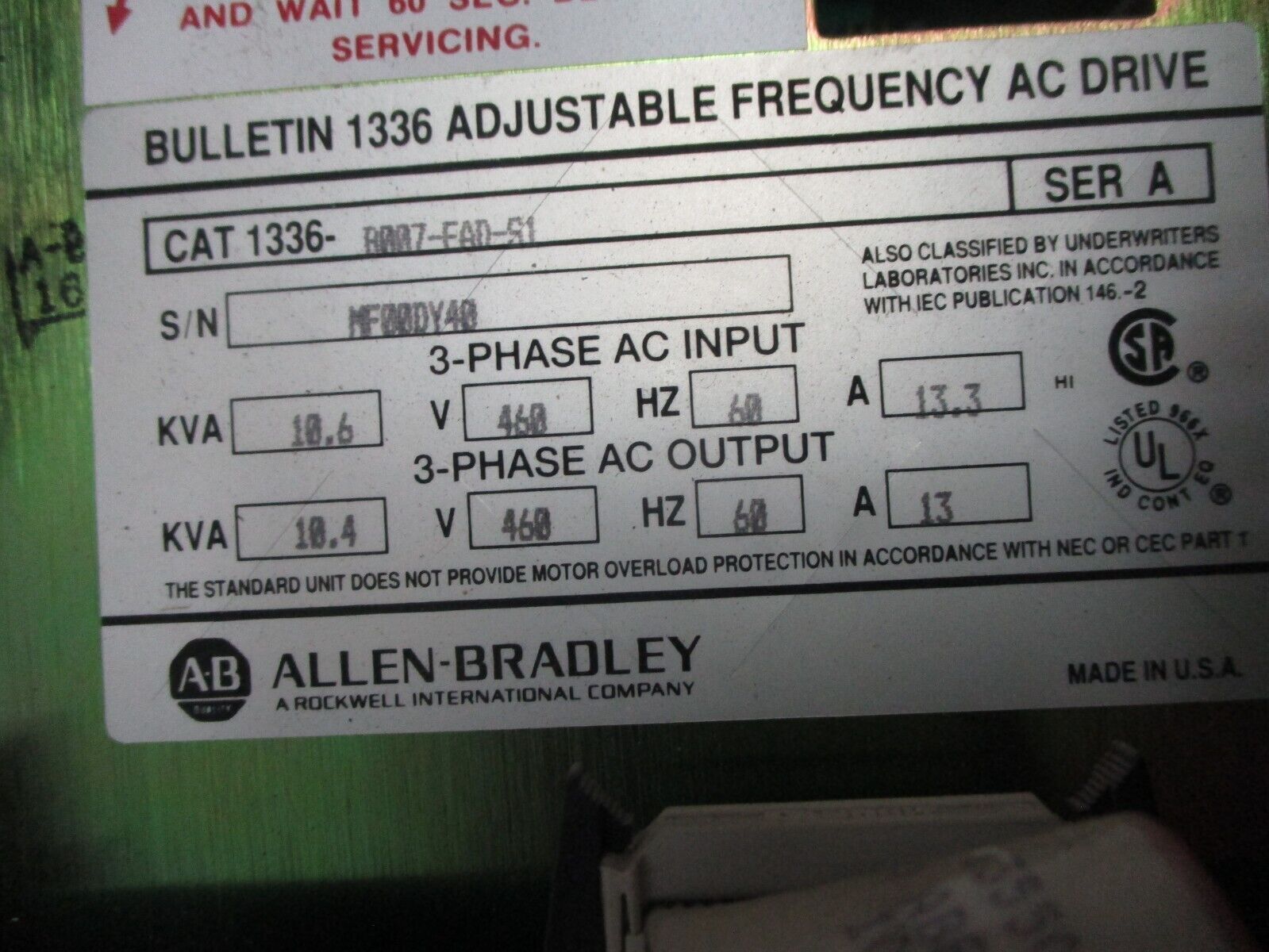 Allen-Bradley 1336 AC Drive 1336-B007-EAD-S1 7.5HP *Cracked Cover* Used