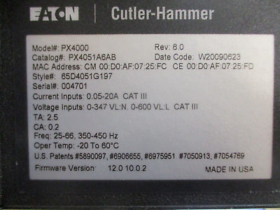 Eaton PX4000 Power Quality Meter PX4051A6AB Rev. 8.0 F/W Ver. : 12.0 10.0.2 Used