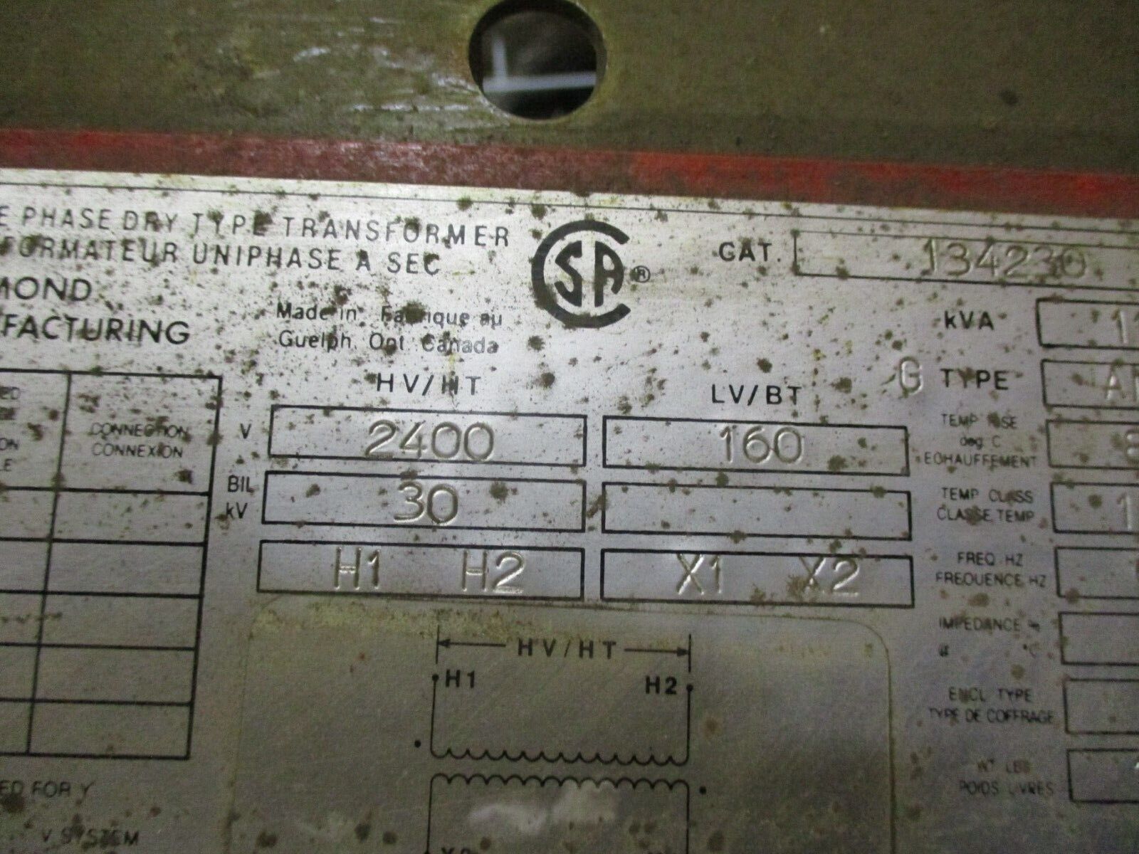 Hammond Transformer 134230 11KVA Pri 2400V Sec 160V Type AN Used