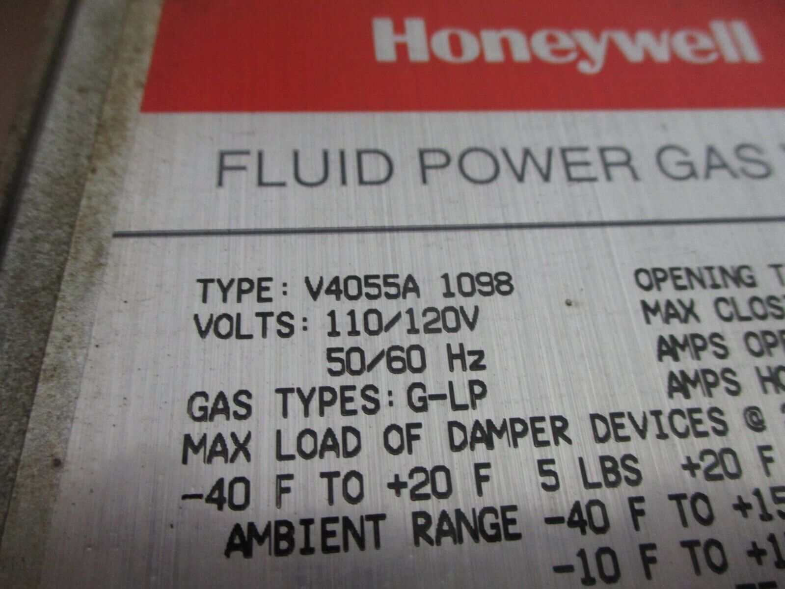 Honeywell Fluid Power Gas Valve V4055A 1098 110/120V 50/60Hz Gas Types: G-LP