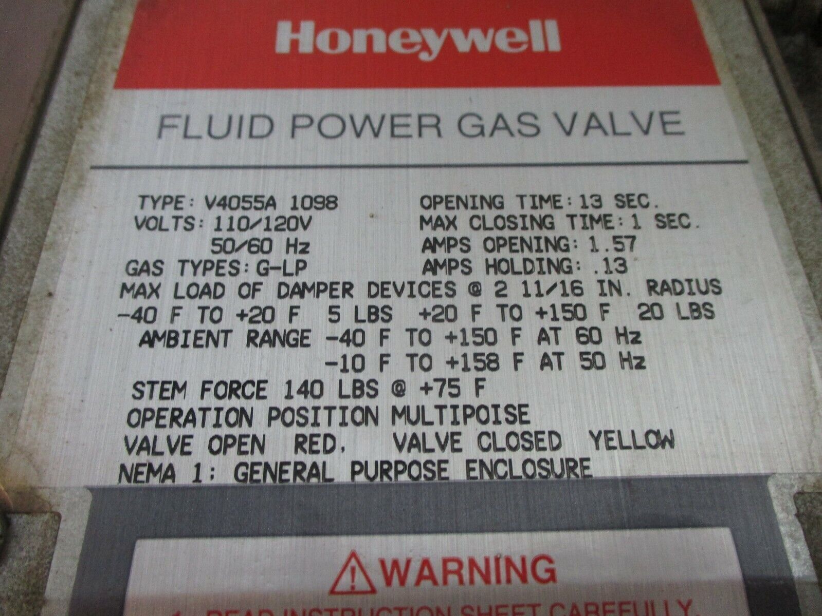 Honeywell Fluid Power Gas Valve V4055A 1098 110/120V 50/60Hz Gas Types: G-LP