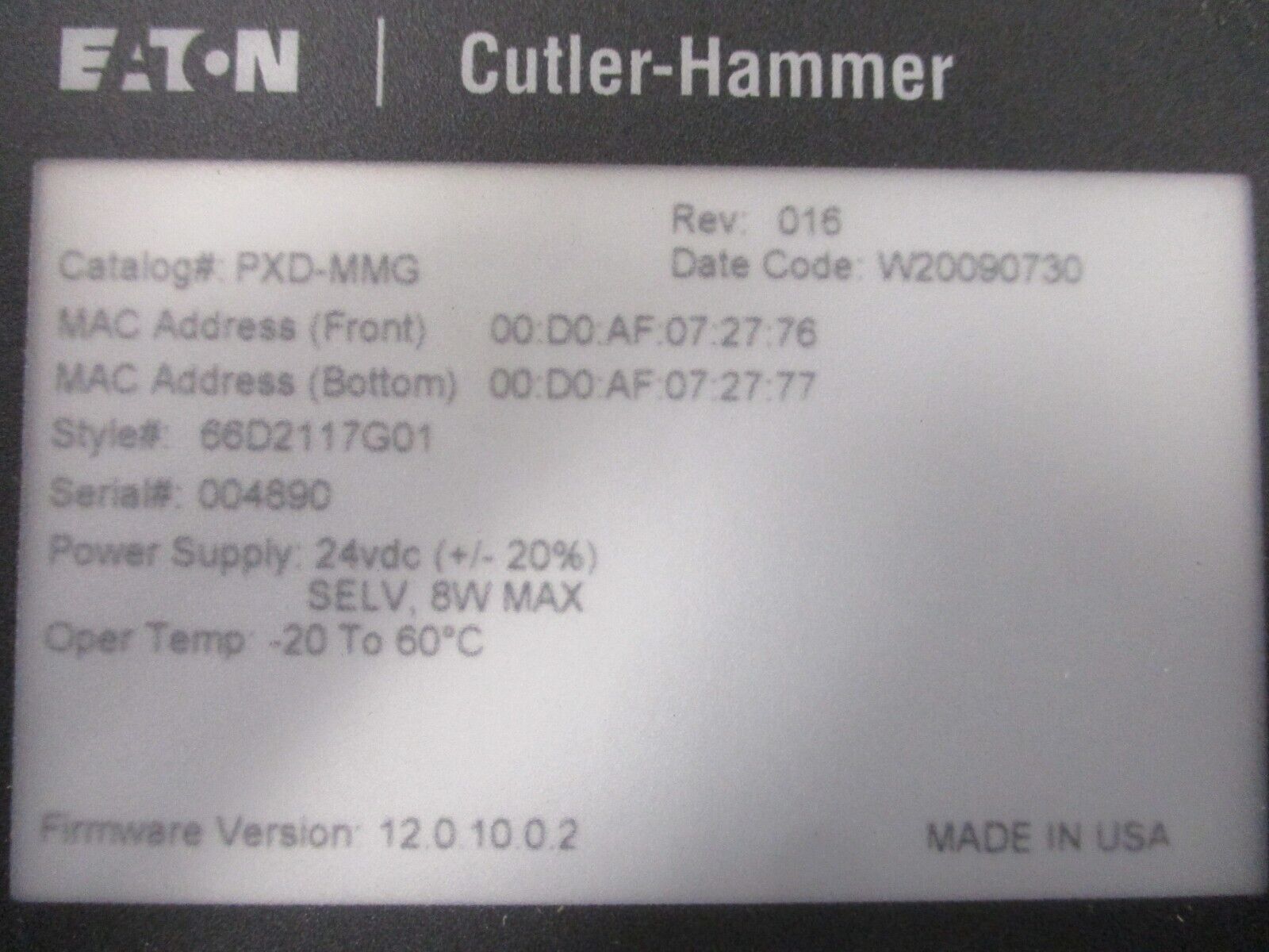 Eaton Power Xpert Meter PXD-MMG Rev. 016 F/W Ver.: 12.0.10.0.2 24VDC 8W Used