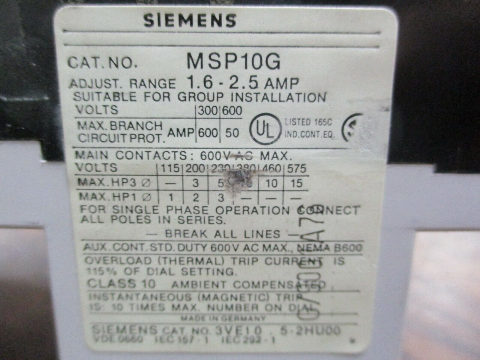 Siemens MSP1 Manual Starter MSP10G Trip: 1.6-2.5A 600V Used