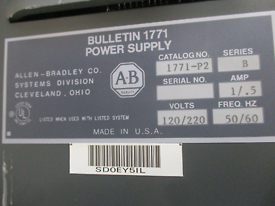 Allen-Bradley I/O Chassis W/Power Supply 1771-A2B/1771-P2 8-Slot