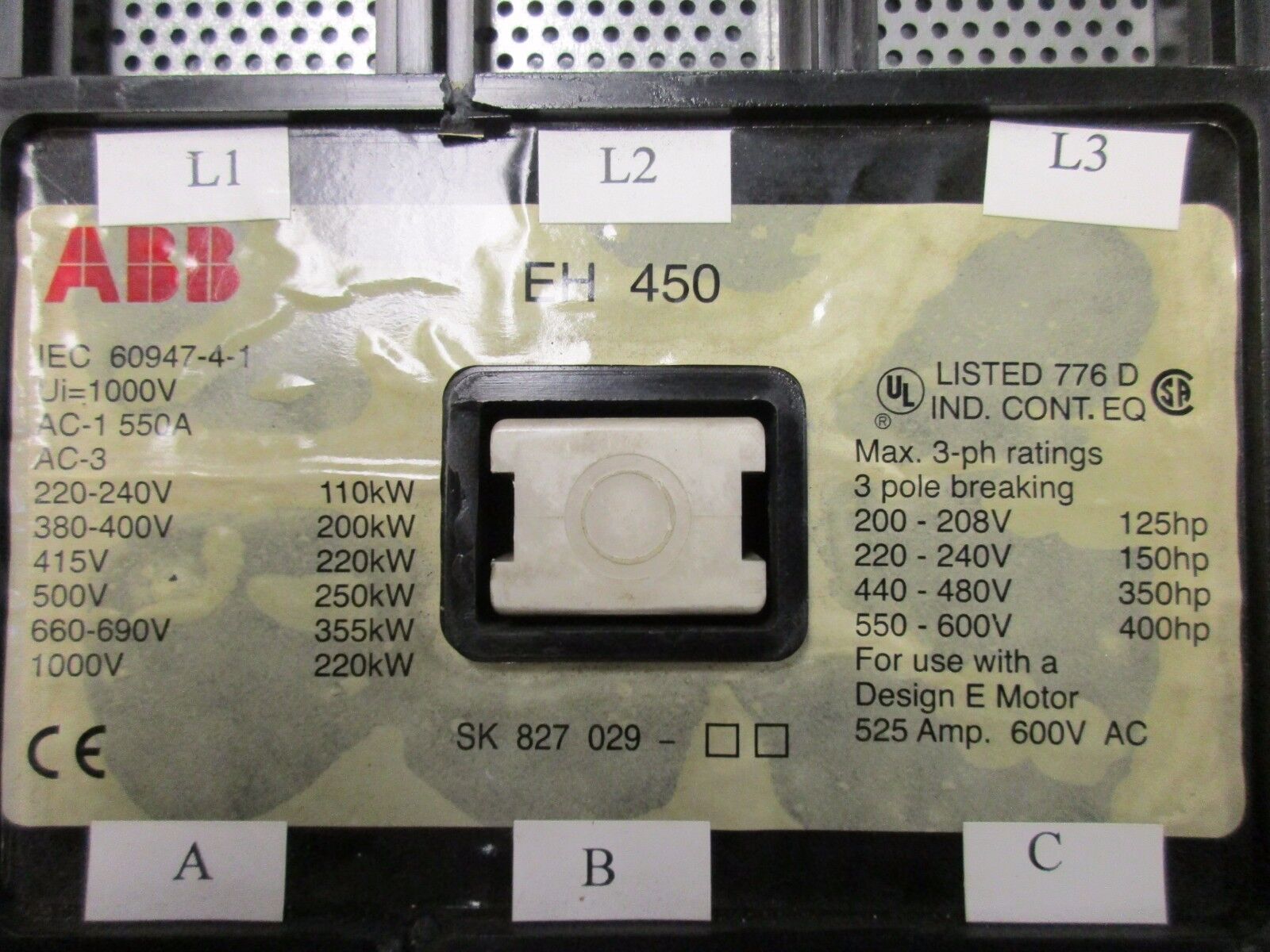 ABB Contactor EH 450 110VDC Coil 525A 600V Used