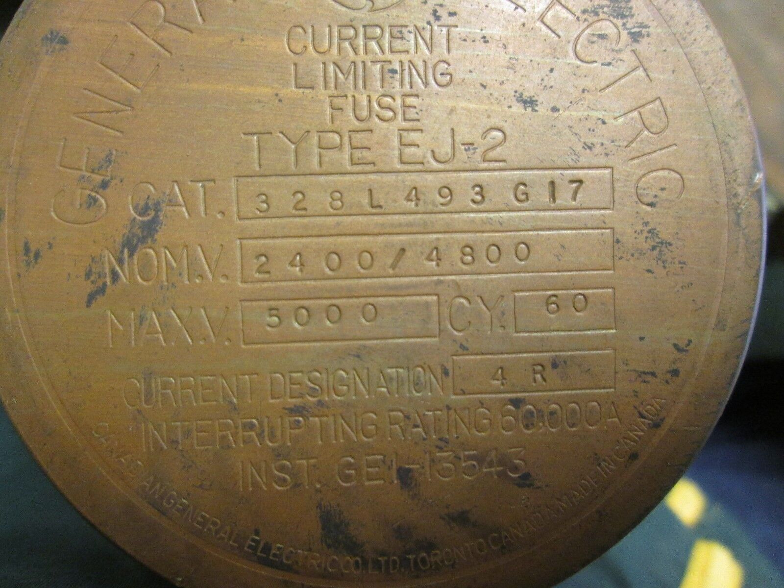 GE EJ-2 Fuse 328L493 G17 2.4/4.8KV 4R Rating Used