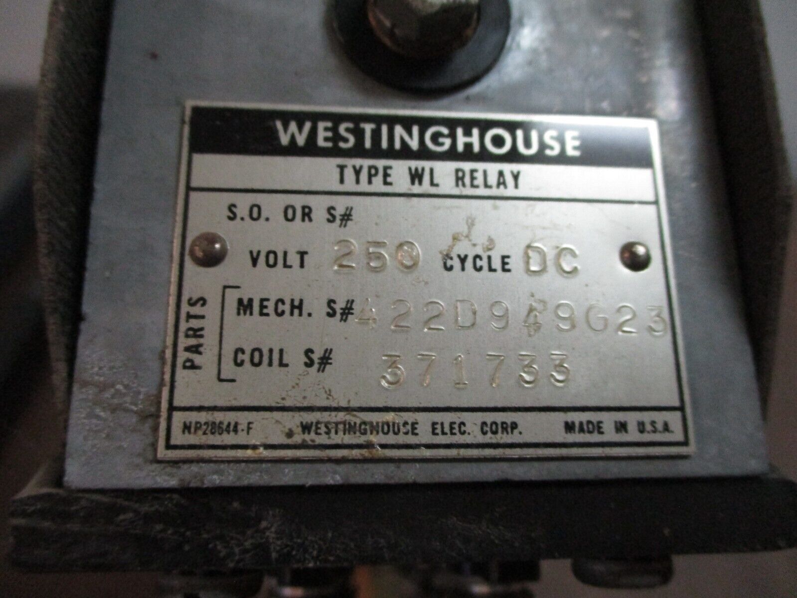 Westinghouse Type WL Relay 422D949G25 250VDC Used