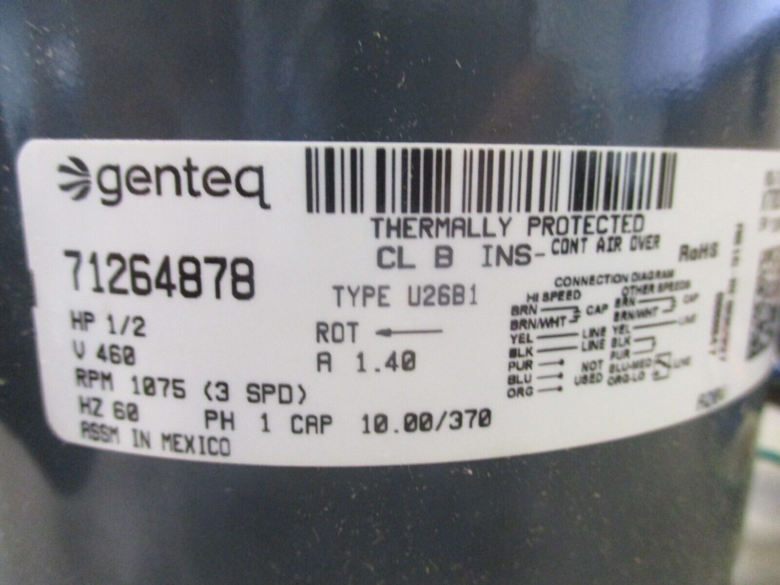 Genteq AC Motor 71264878 1.40A 460V 1075RPM 60HZ 1PH 1.40A *New Surplus*