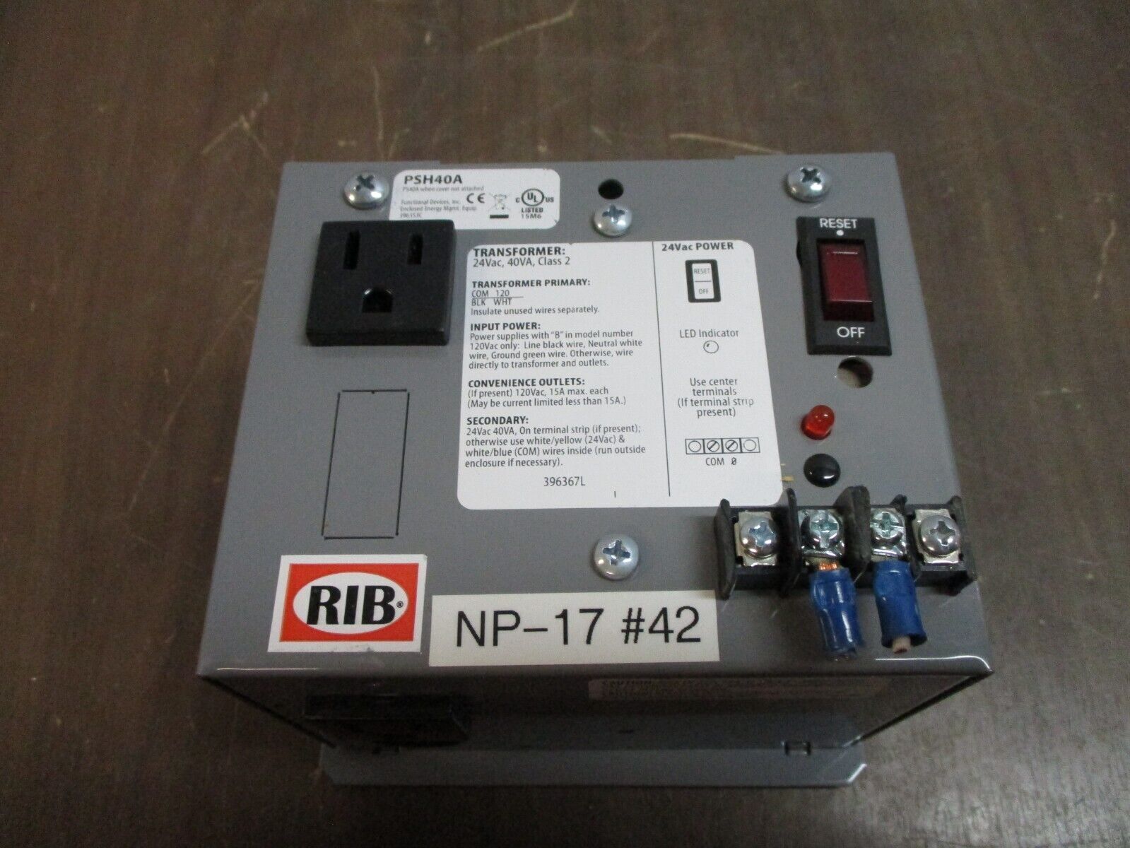 Functional Devices Inc. RIB Power Supply PSH40A 40VA Pri: 120V Sec: 24V Used