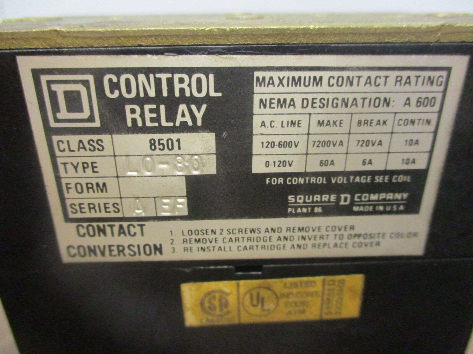 Square D Type L Control Relay 8501 L0-80 Ser. A 120V Coil 600V Used