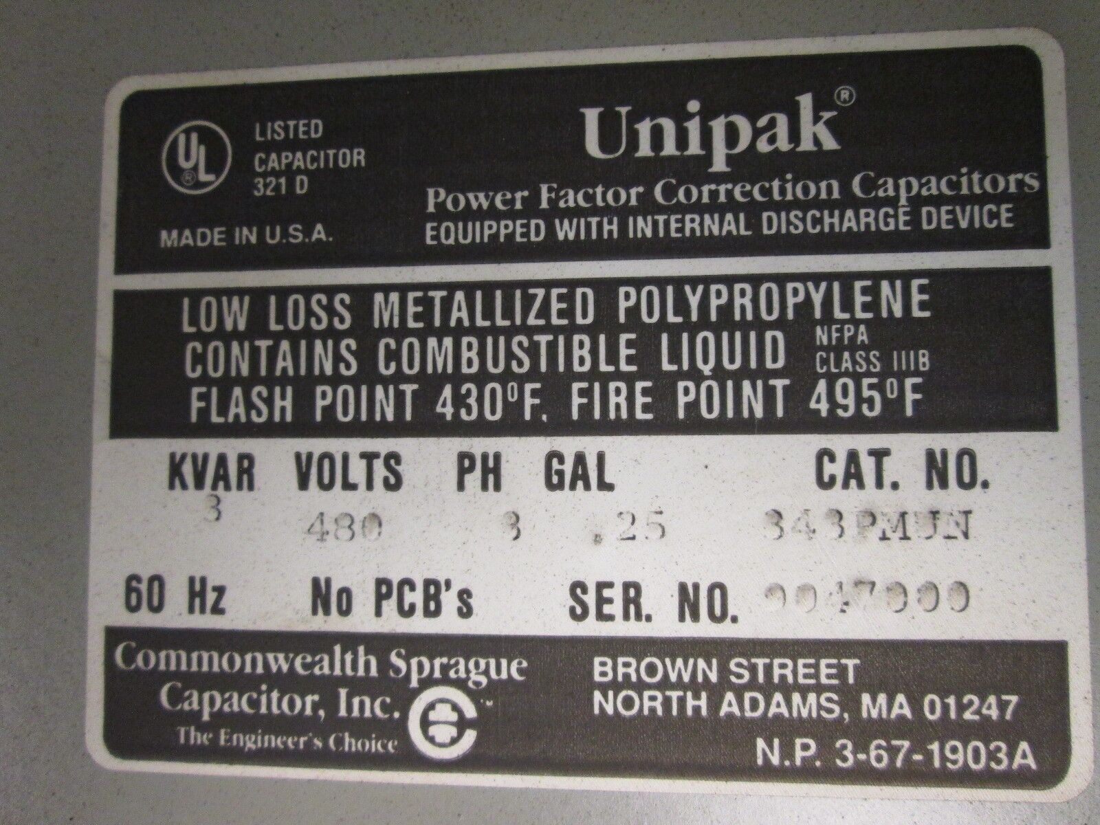 Unipak Power Factor Correction Capacitor 343PMUN 480V 3 KVAR 3Ph 60Hz Used