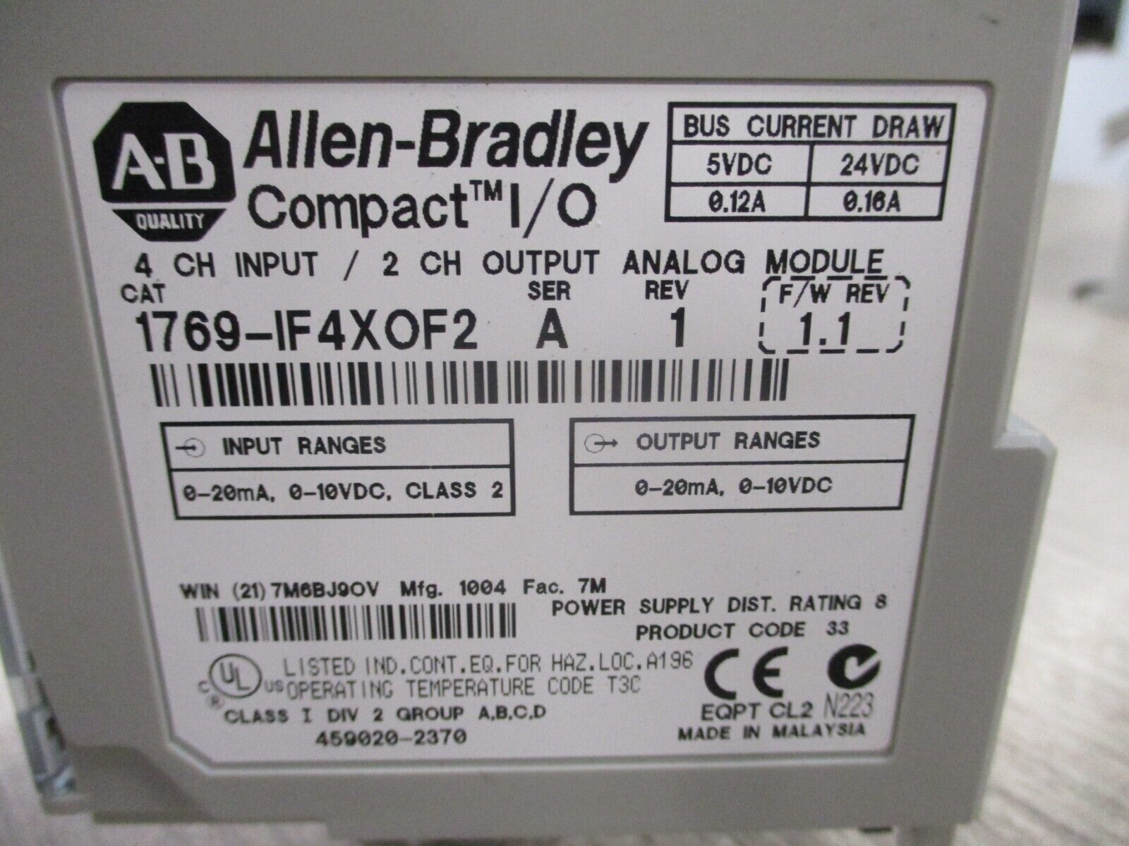 Allen-Bradley Compact I/O Analog I/O Module 1769-IF4X0F2 Ser. A Rev. 1 Used