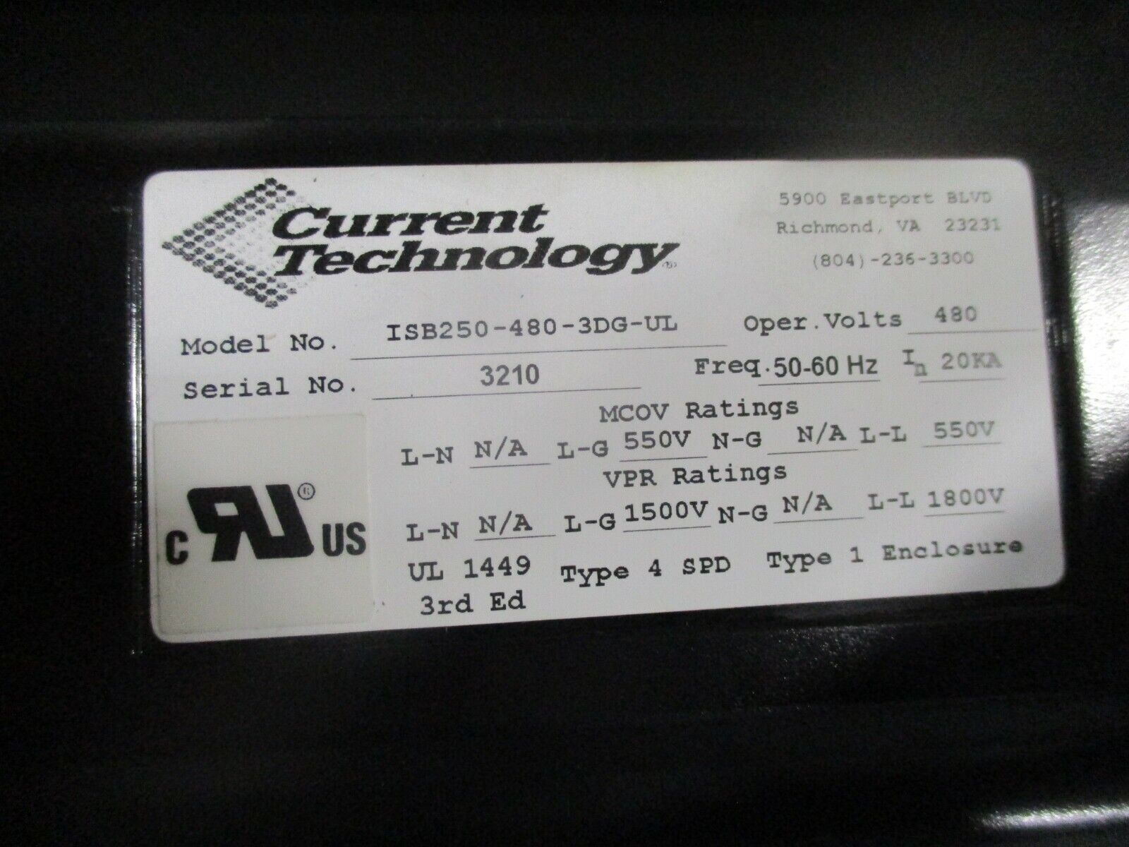 Current Technology TG250 MasterPlan TransGuard Surge Suppressor 20KA 480V Used