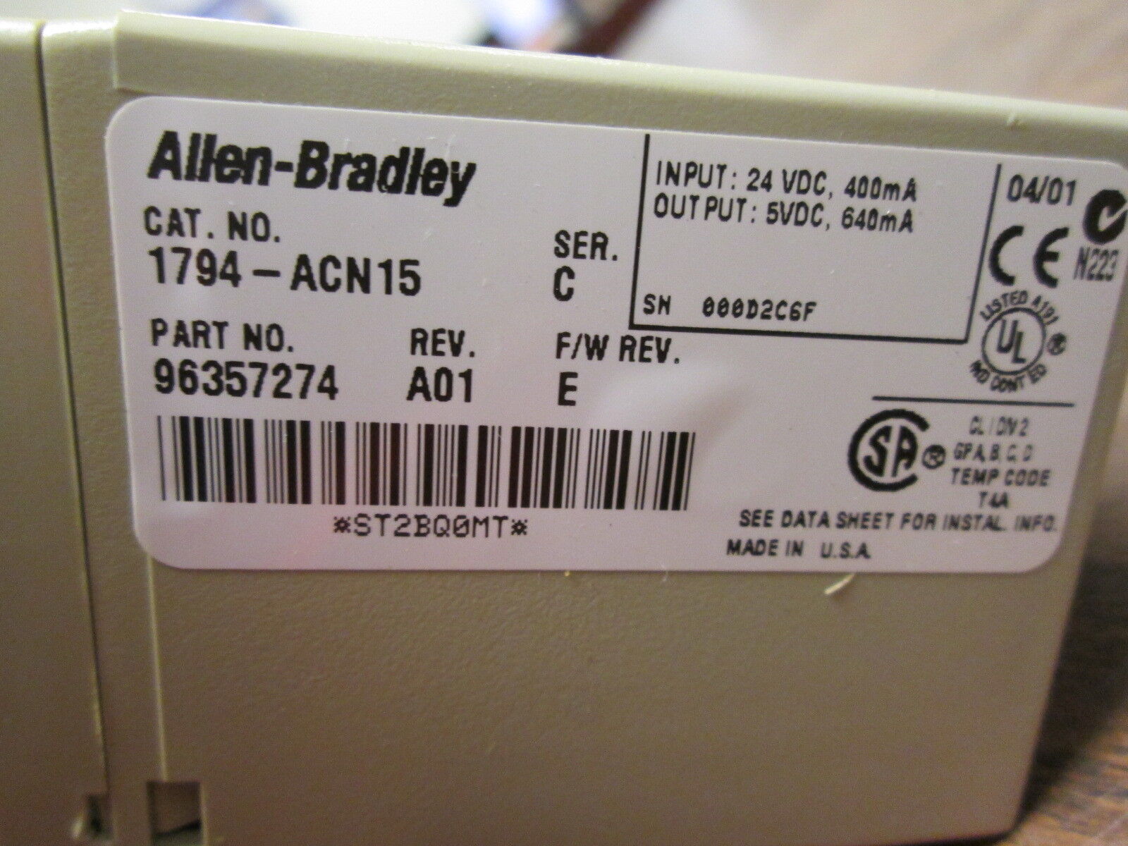 Allen-Bradley Flex I/O ControlNet Adaptor 1794-ACN15 Ser C Rev. A01 F/W Rev. E