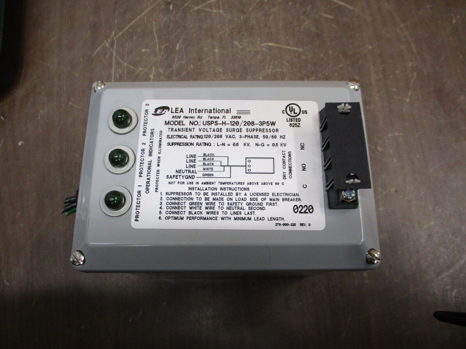 LEA International Surge Suppressor USPS-H-120/208-3P5W 120/208V 3Ph 50/60Hz Used