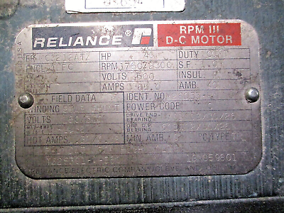 Reliance DC Motor 40HP 1800/2400RPM 500V 65A Used