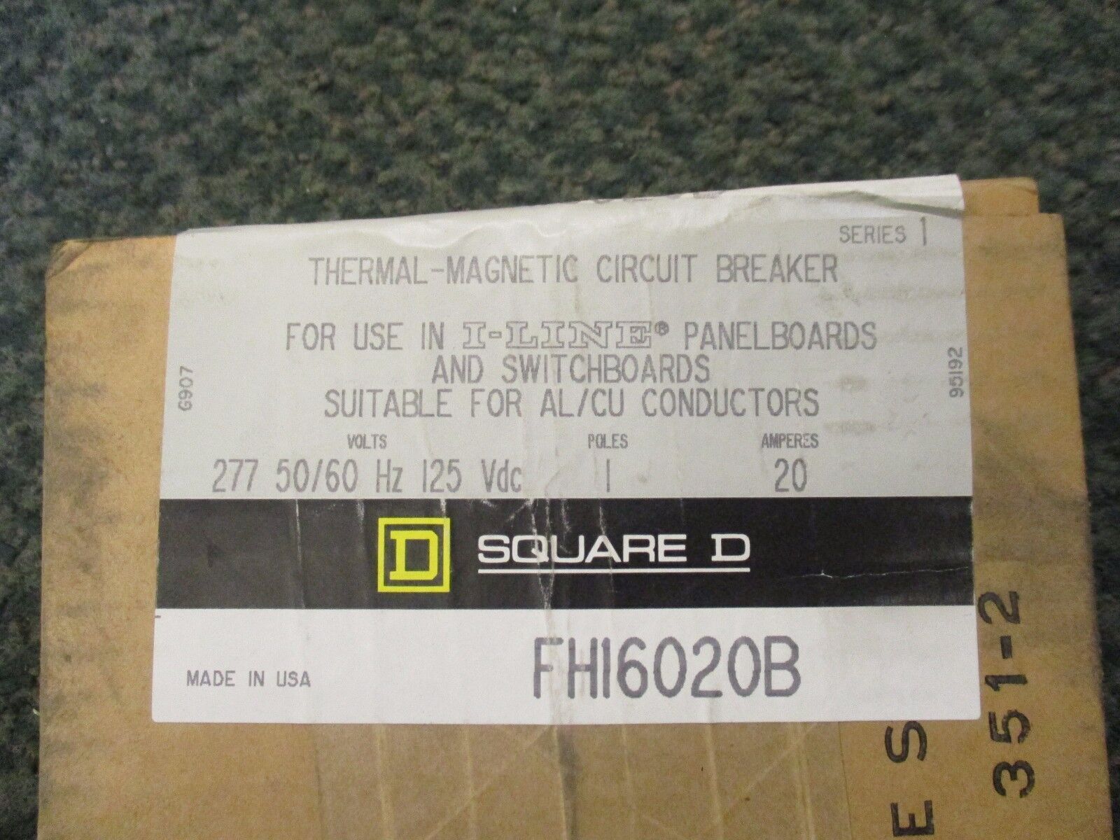 Square D Circuit Breaker FH16020B 20A 277V 1P New Surplus