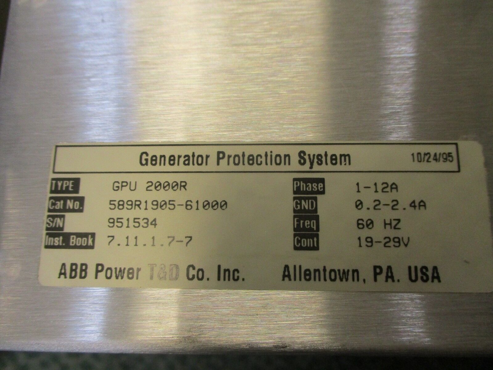 ABB Type GPU 2000R Generator Protection System 589R1905-61000 19-29V 60Hz Used