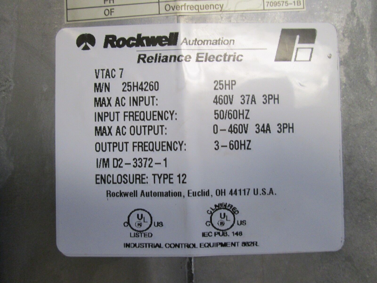Reliance Electric VTAC7 HVAC Drive 25H4260 25 HP 460 V