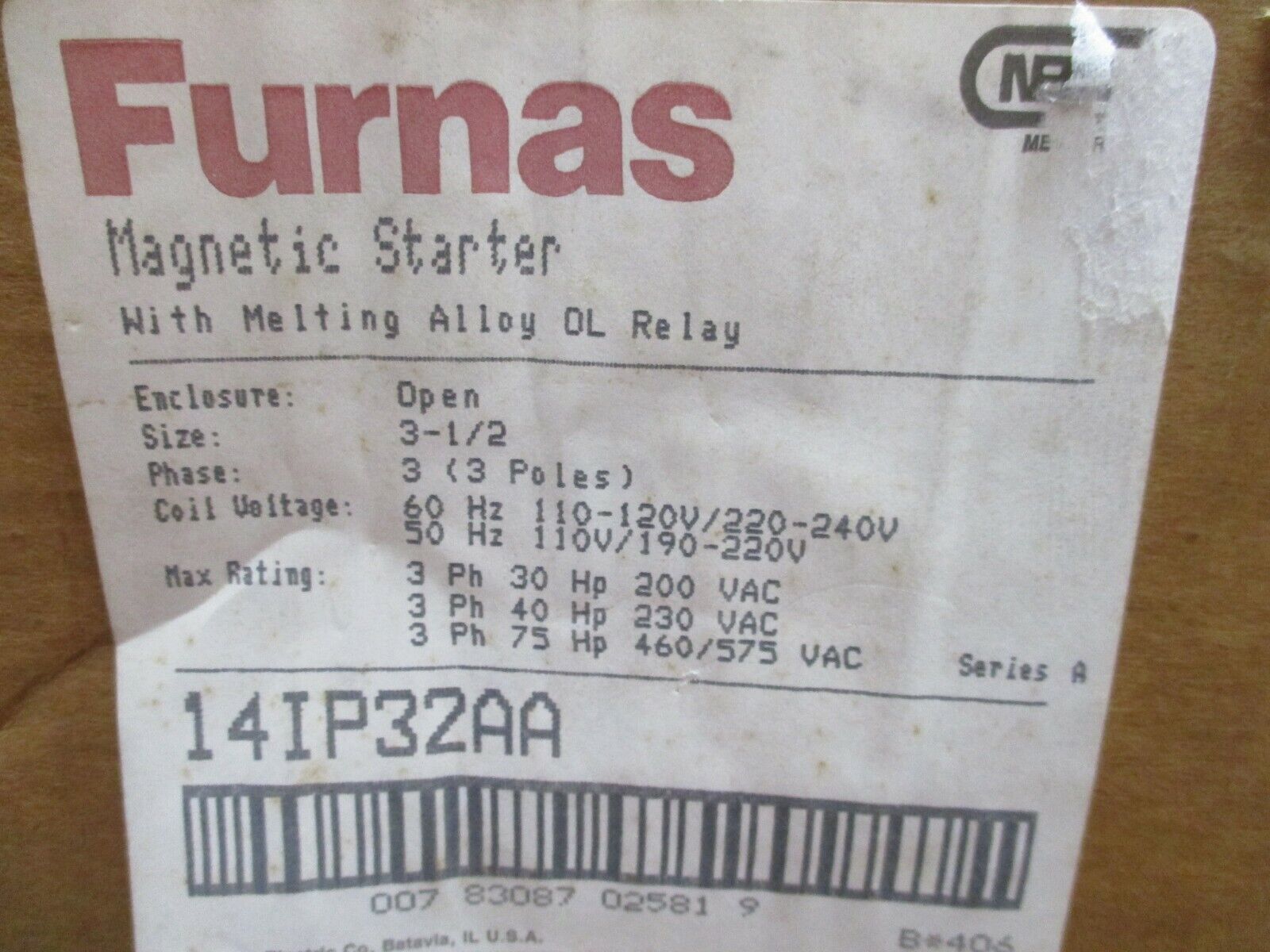 Furnas Size 3-1/2 Starter 14IP32AA 110-120/220-240V Coil 3Ph 3P New Surplus