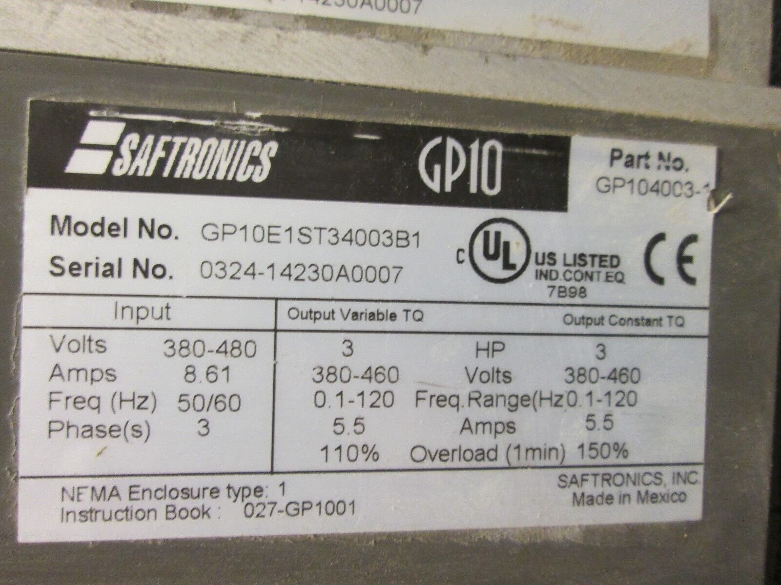 GE / Sastronics GP10 AC Drive GP10E1ST34003B1 3HP