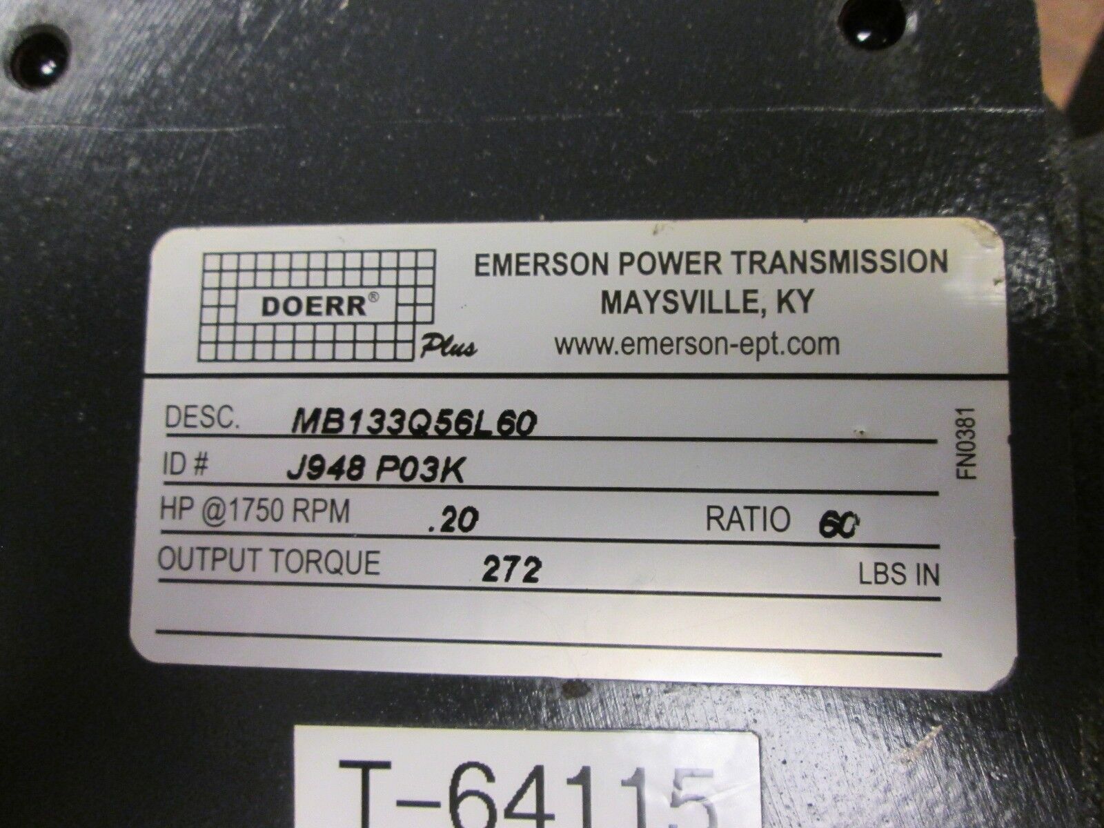 Doerr Reducer MB133Q56L60 Ratio 60:1 0.20 HP IN 272 LB-IN Torque Out New Surplus