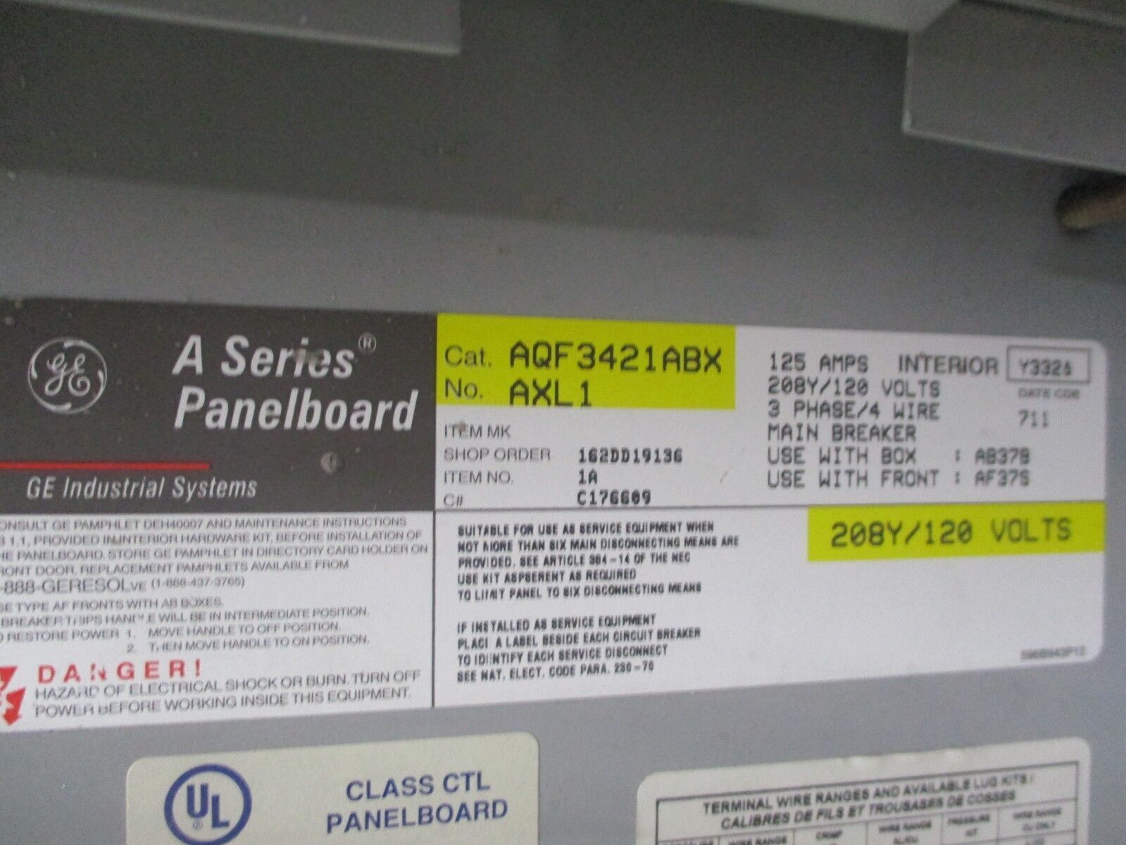 GE Main Breaker Circuit Breaker Panel AQF32421ABX AXL1 125A Max 42-Slot Used