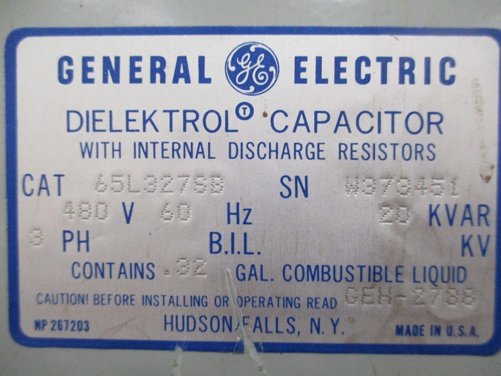 GE Dielektrol Capacitor 65L327SB 20KVAR 480V 60Hz 3Ph Used
