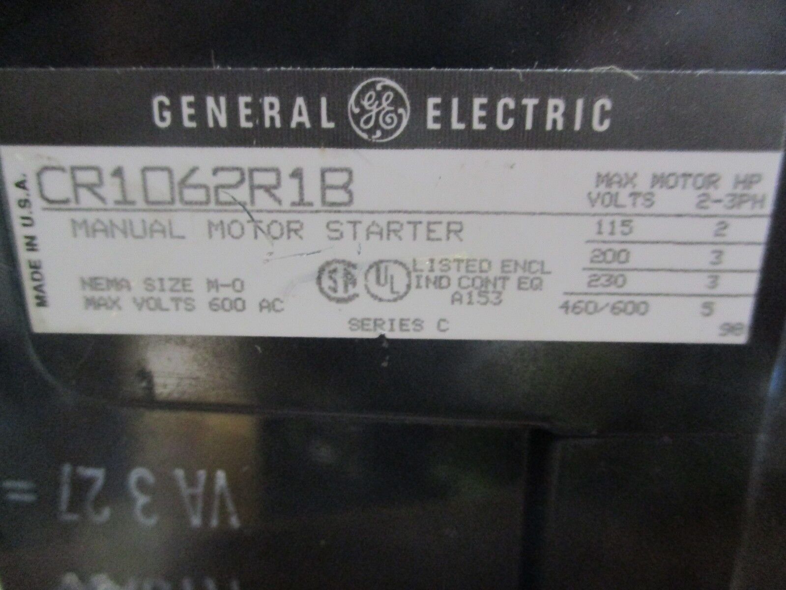 GE Size M-0 Manual Starter CR1062R1B 600V 5HP Used