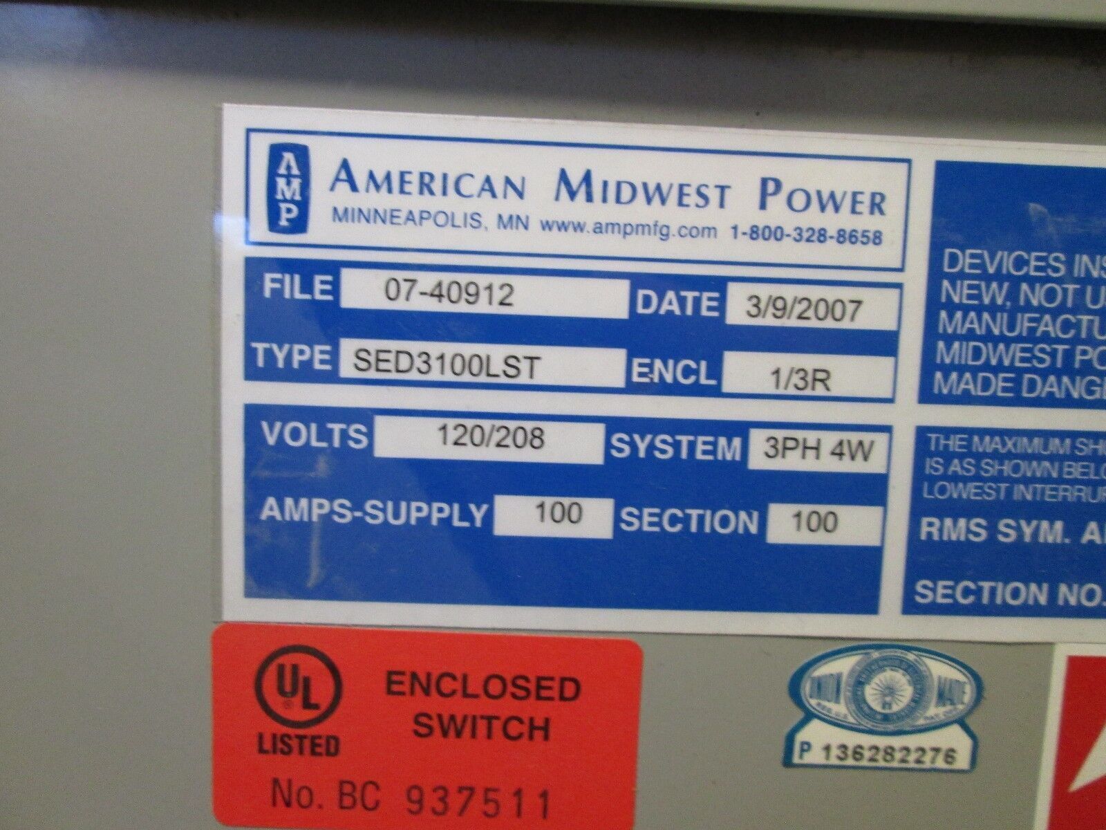 AMP 100 A Circuit Breaker Enclosure SED3100LST 120/208 V 3 Ph 4 Wire 1/3R Nema