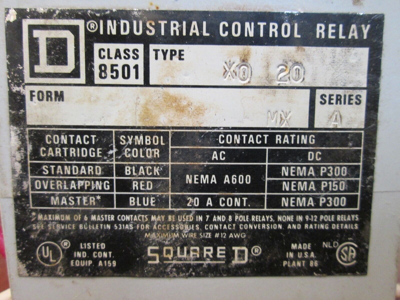 Square D Control Relay 8501 X020 Used