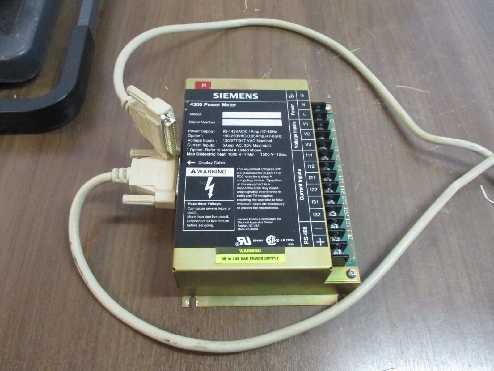 Siemens 4300 Power Meter DC-120 Power Supply: 108-132V 0.25A 47-66Hz w/ Cable